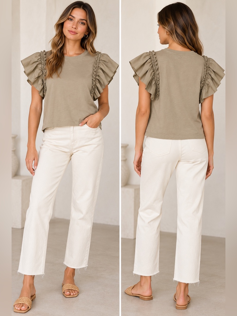 Nation LTD Para Boxy Ruffle Sleeve Tee Taupe Size M